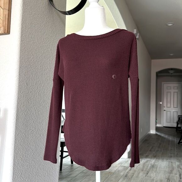 NWT Aeropostale Waffle Knit XS Maroon Long Sleeve Oversized Boat Neck Loose - Picture 8 of 8